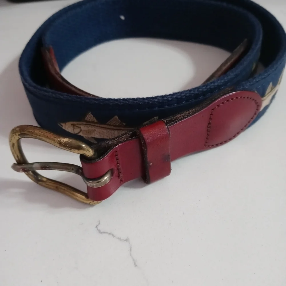 Leather Man Fish Leather and Navy blue Canvas belt Brass buckle 34